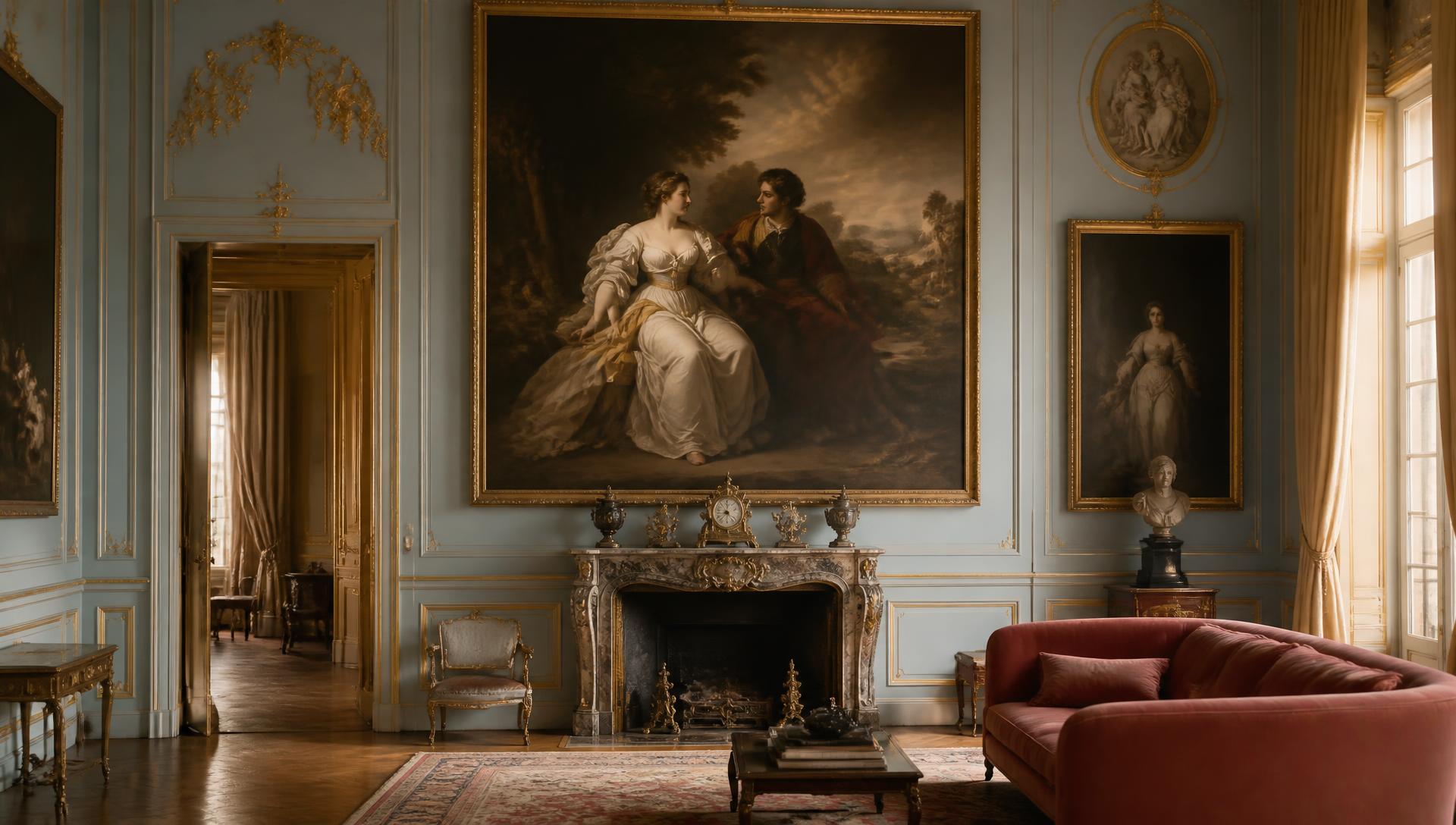 A French classical salon hung with a large romantic painting